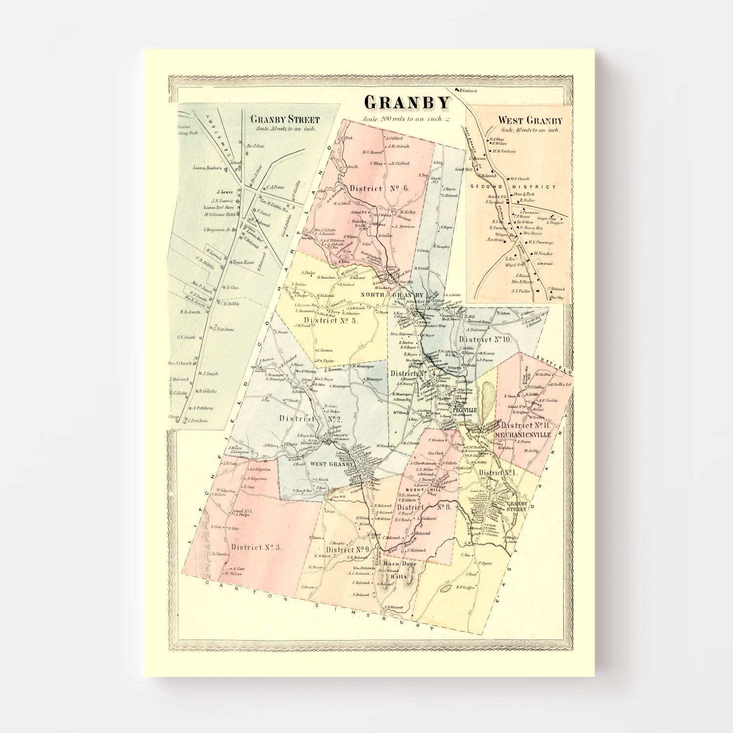 Vintage Map of Granby, Connecticut 1869