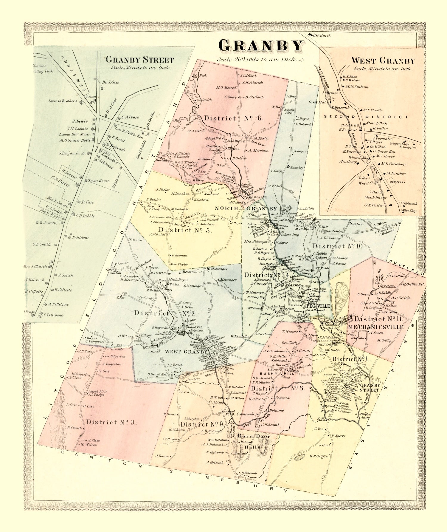 Vintage Map of Granby, Connecticut 1869