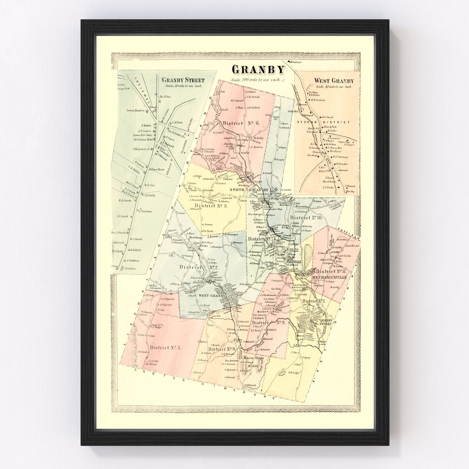 Vintage Map of Granby, Connecticut 1869