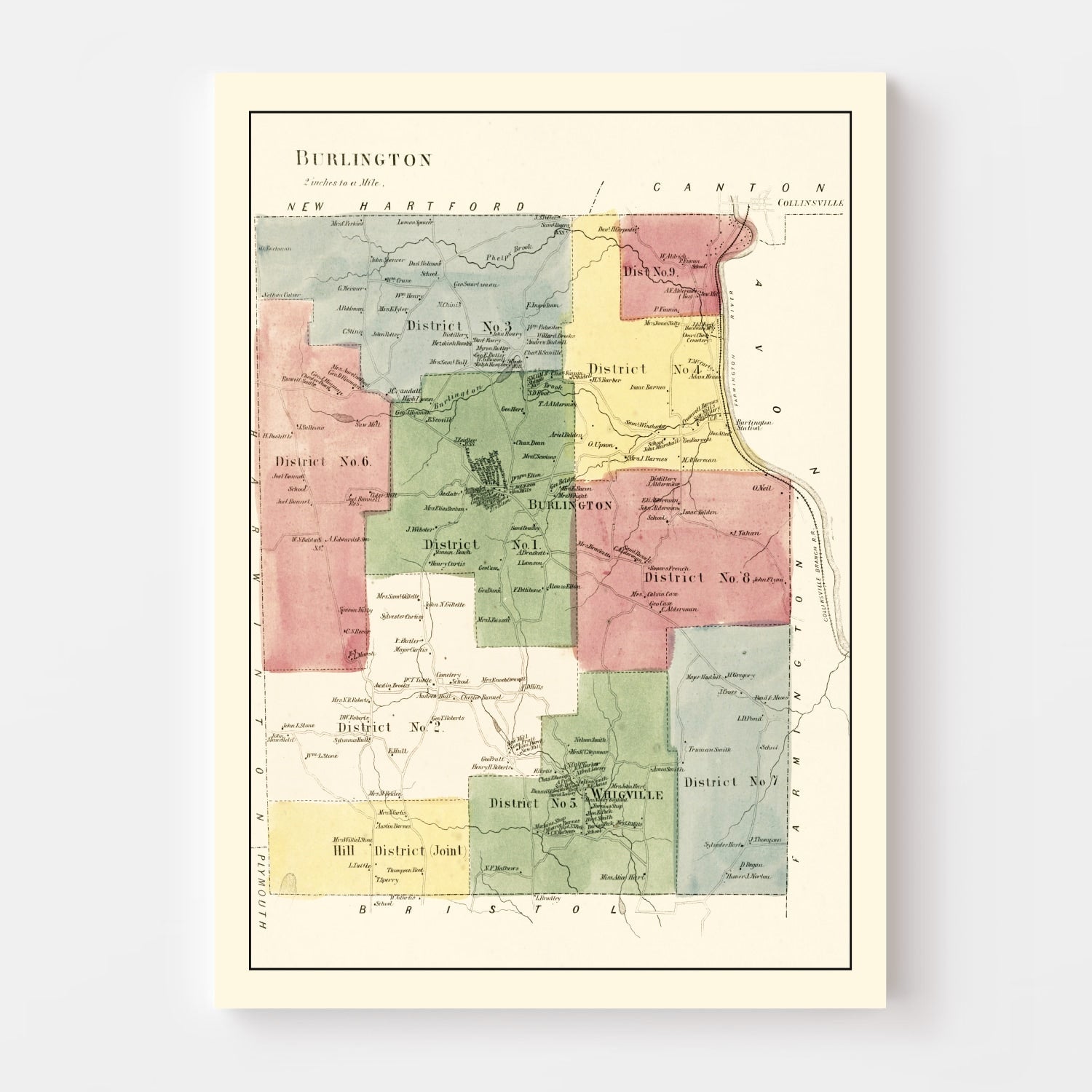 Vintage Map of Burlington, Connecticut 1869