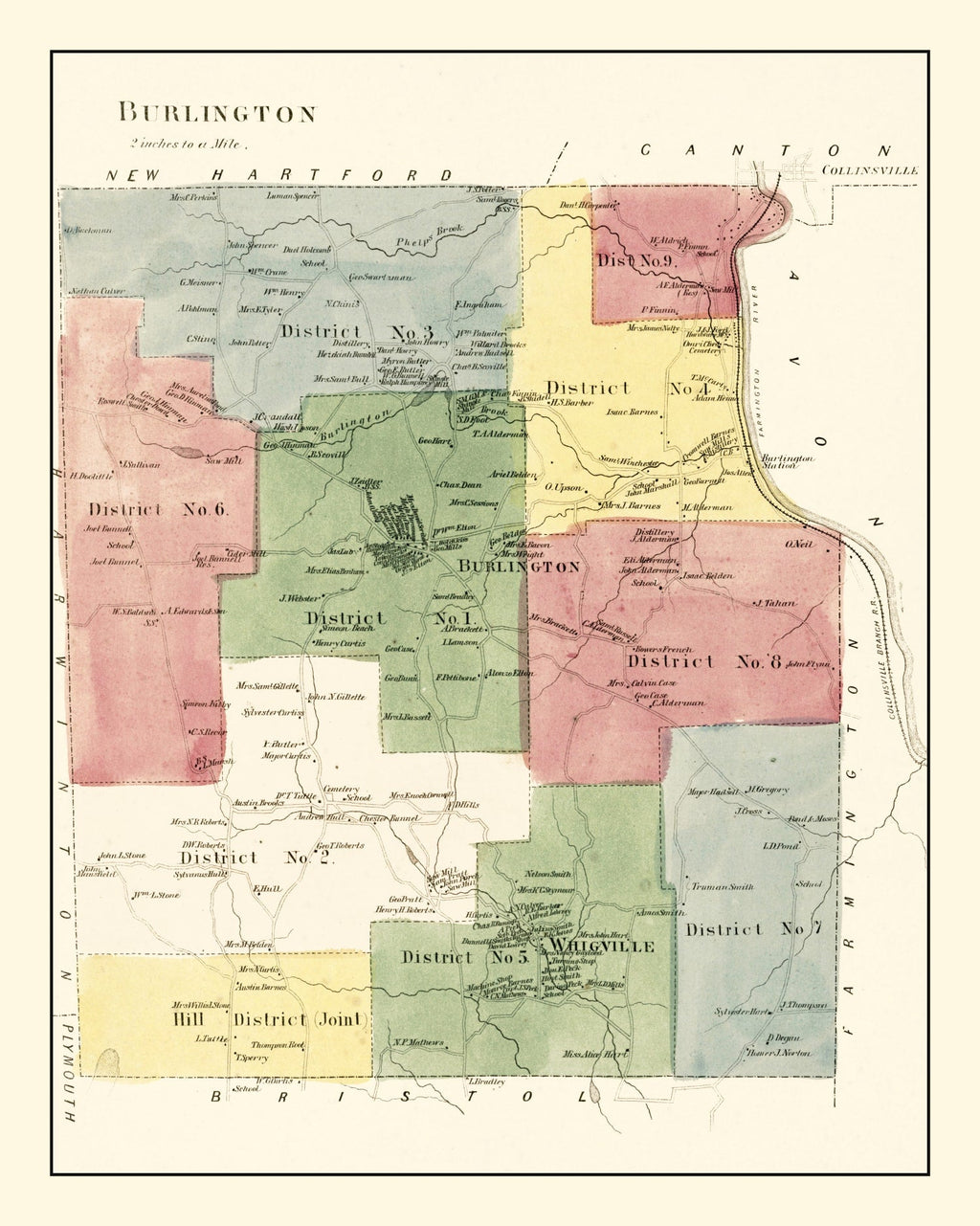 Vintage Map of Burlington, Connecticut 1869