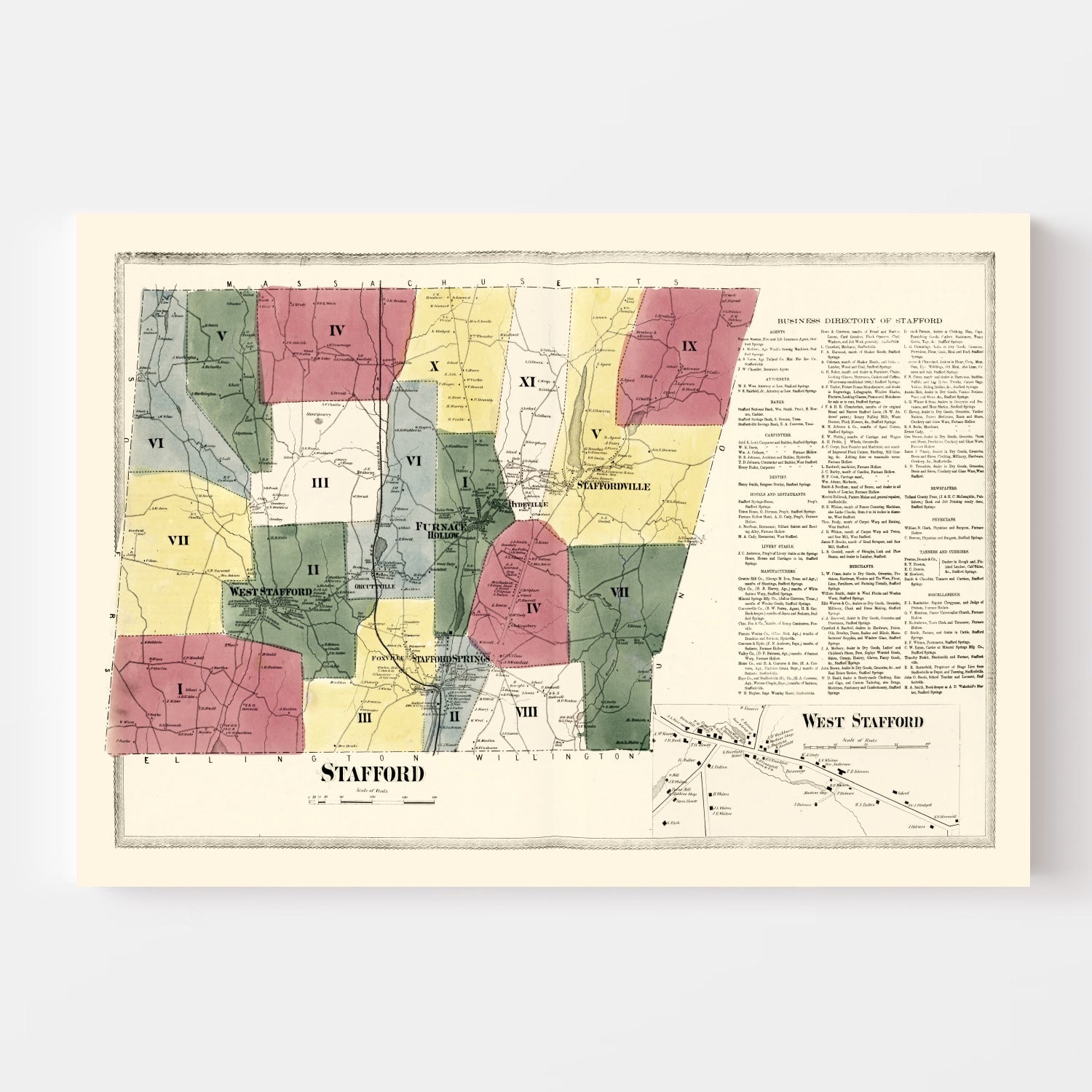 Vintage Map of Stafford, Connecticut 1869