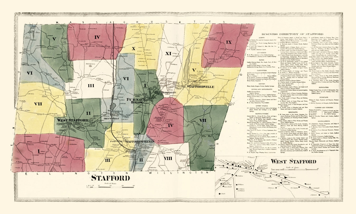 Vintage Map of Stafford, Connecticut 1869