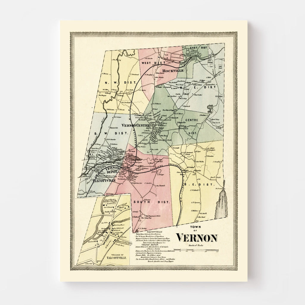 Vintage Map of Town of Vernon, Connecticut 1869