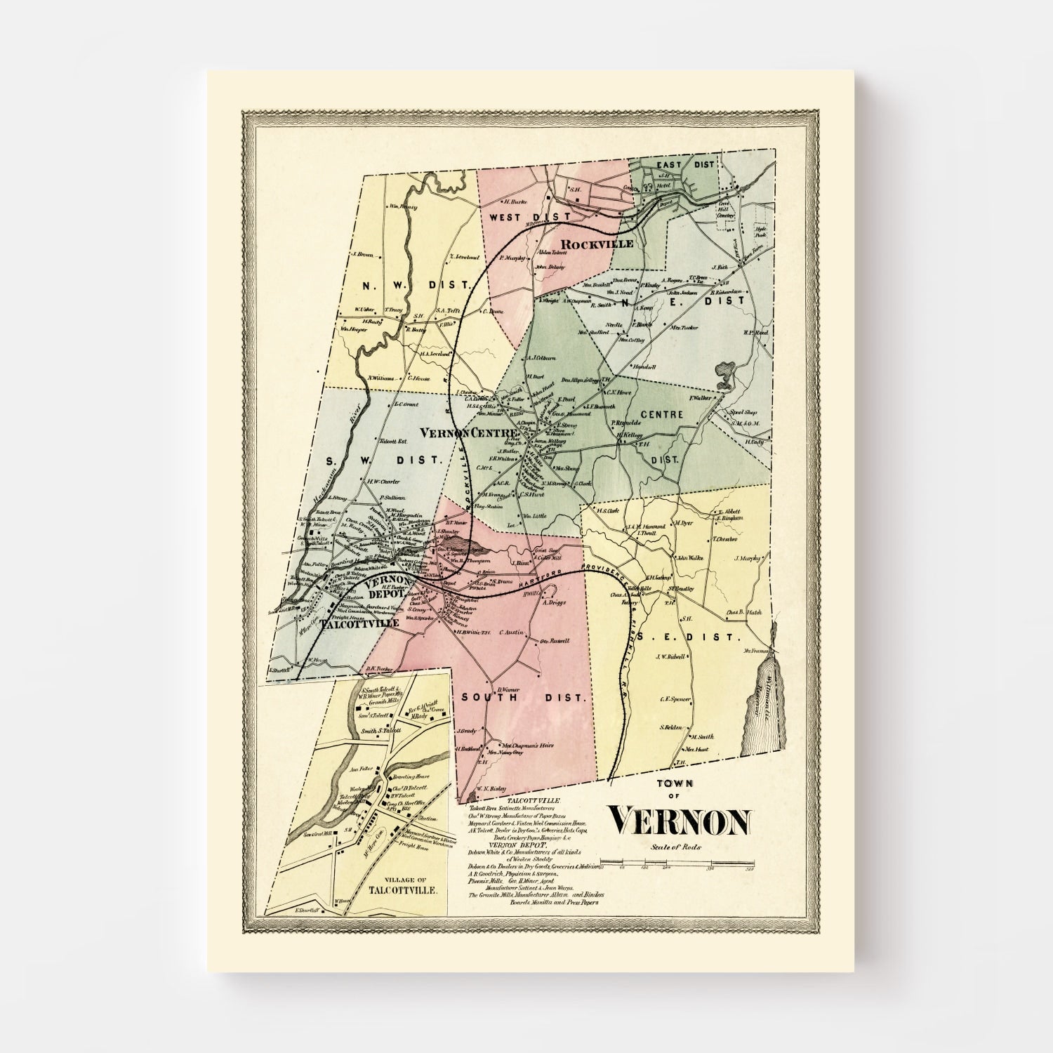 Vintage Map of Town of Vernon, Connecticut 1869