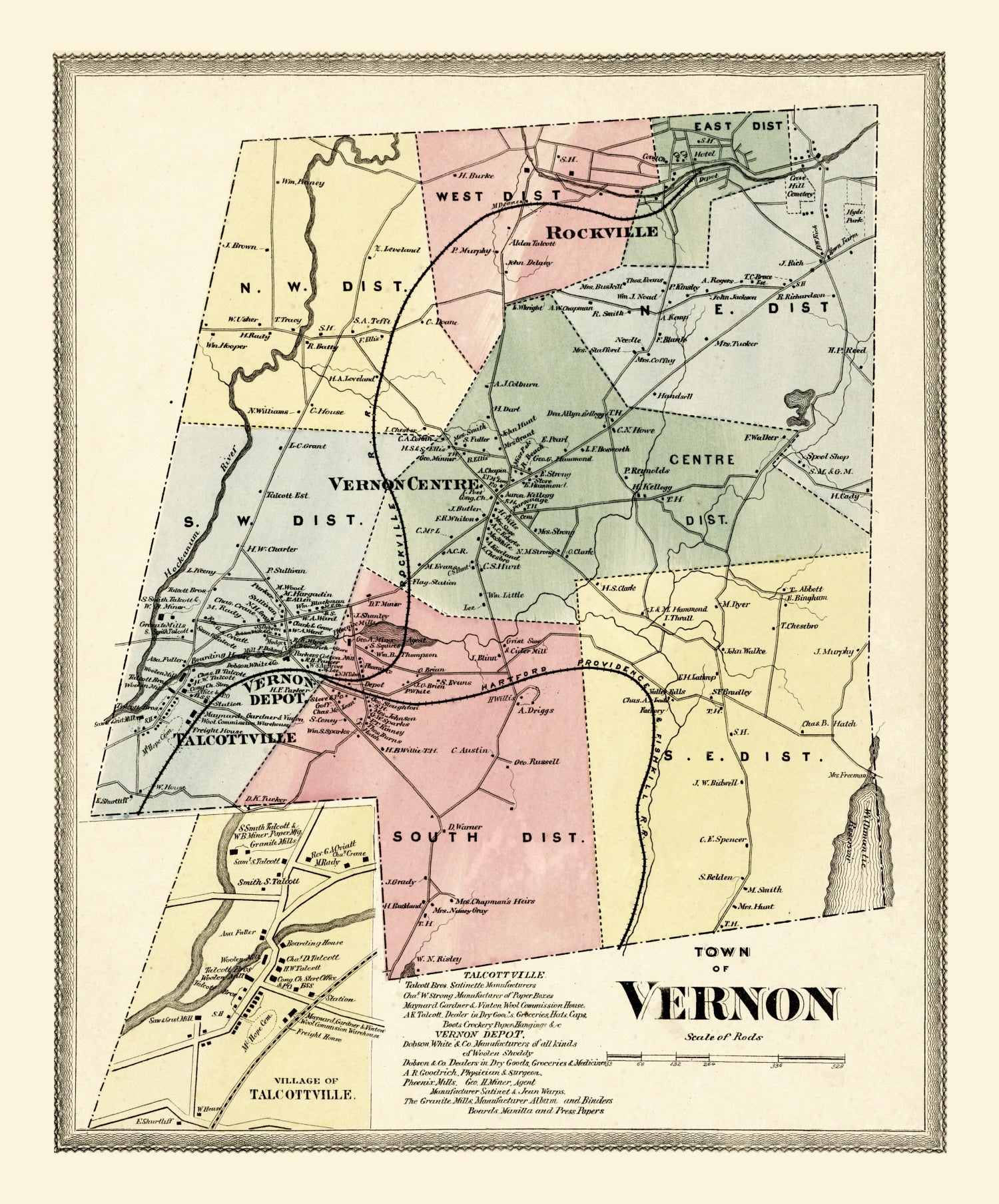 Vintage Map of Town of Vernon, Connecticut 1869
