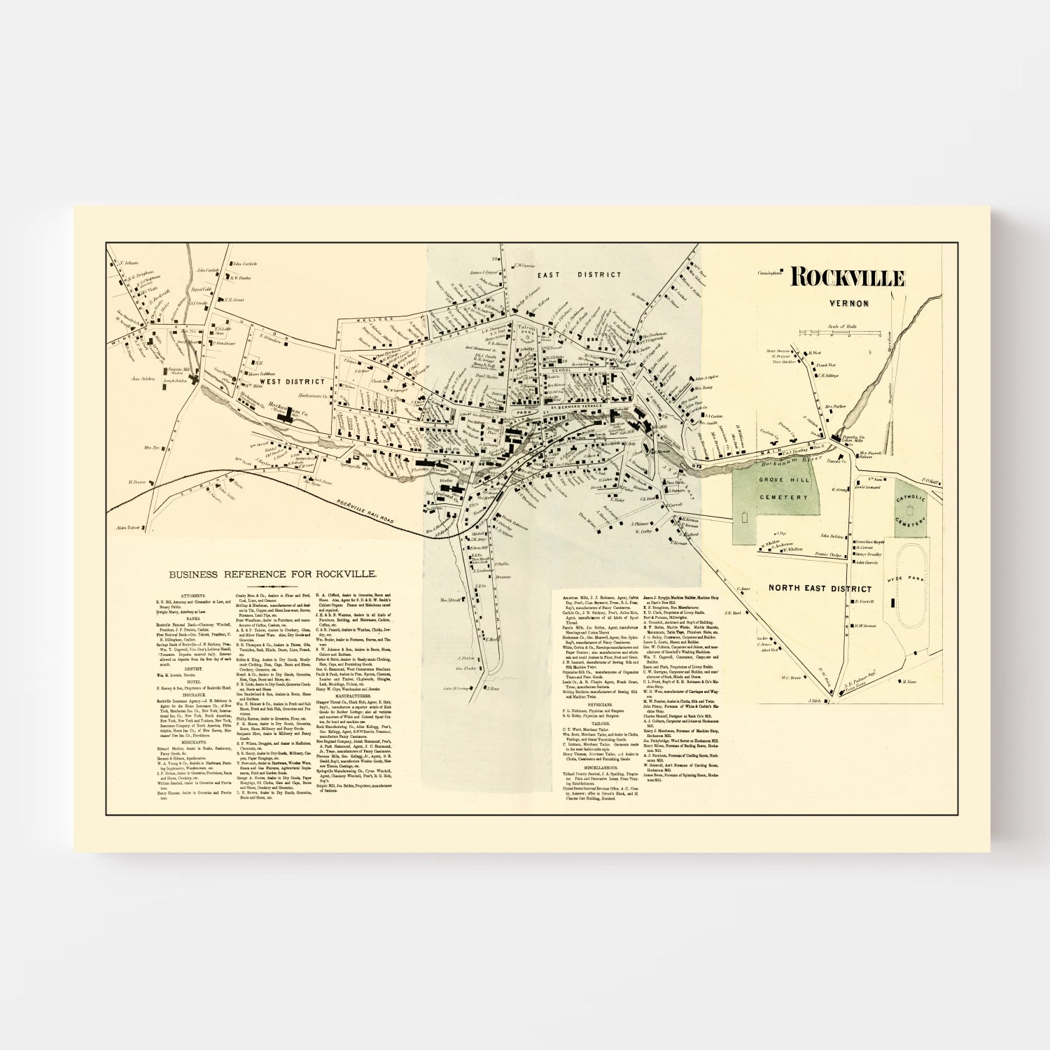 Vintage Map of Rockville, Connecticut 1869