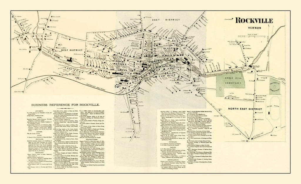 Vintage Map of Rockville, Connecticut 1869