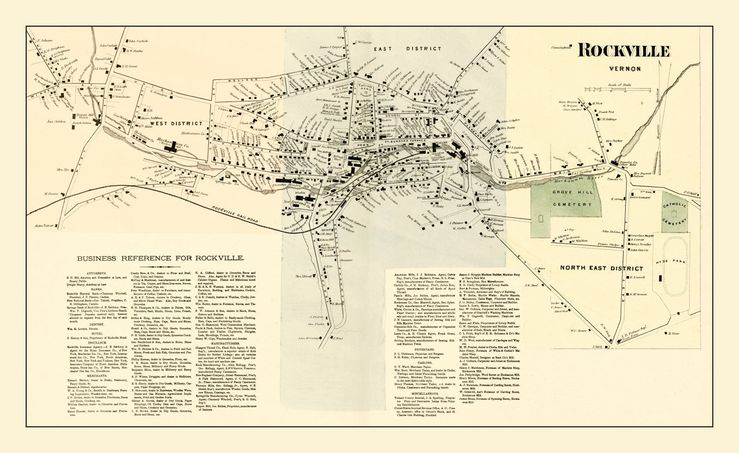 Vintage Map of Rockville, Connecticut 1869