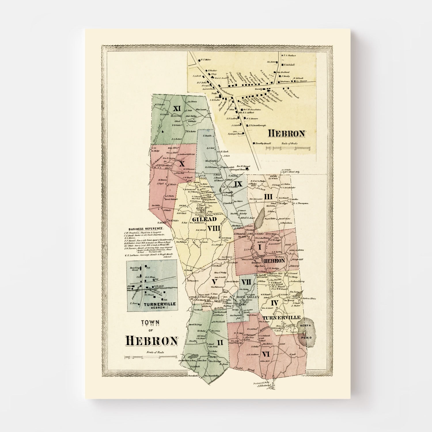 Vintage Map of Town of Hebron, Connecticut 1869