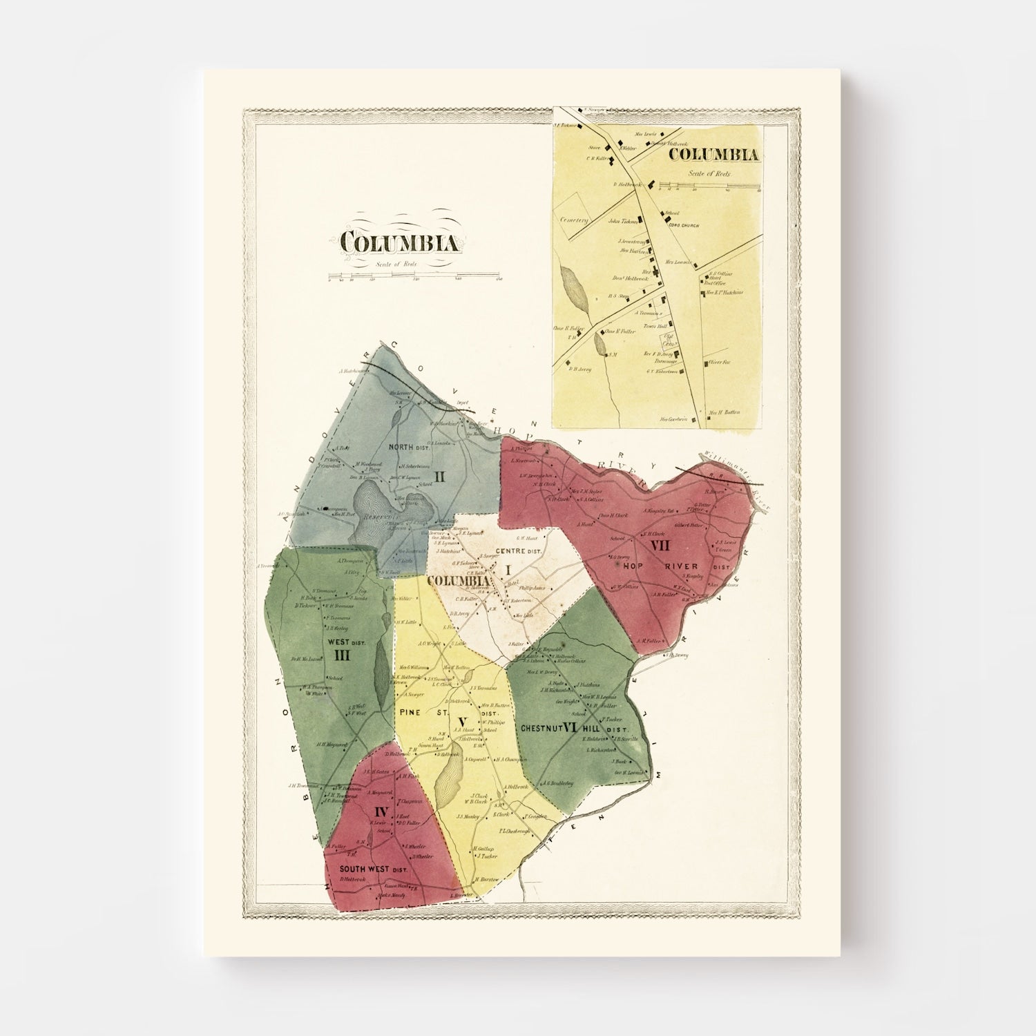 Vintage Map of Columbia, Connecticut 1869