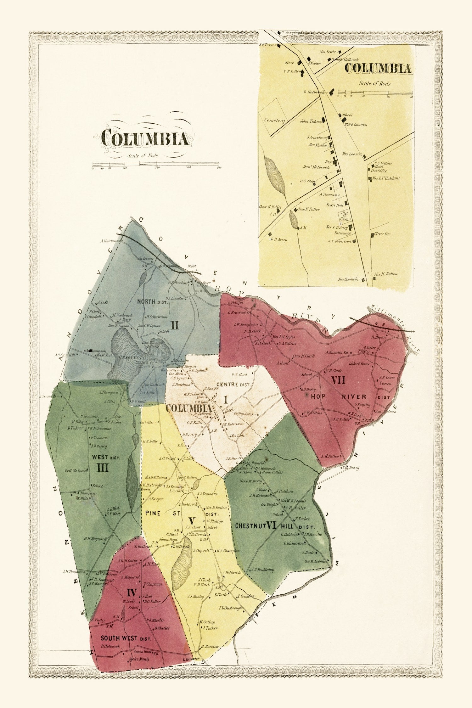 Vintage Map of Columbia, Connecticut 1869