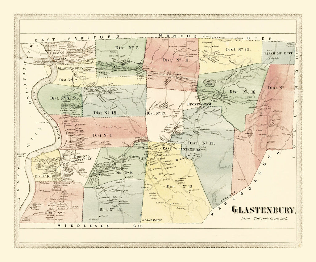 Vintage Map of Glastenbury, Connecticut 1869