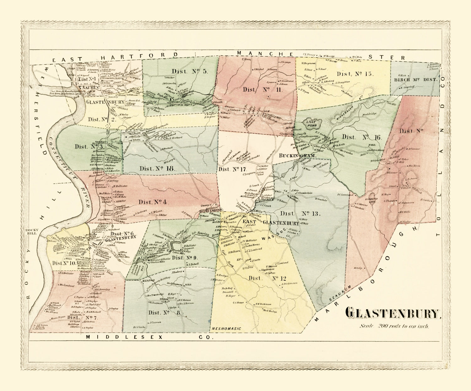 Vintage Map of Glastenbury, Connecticut 1869