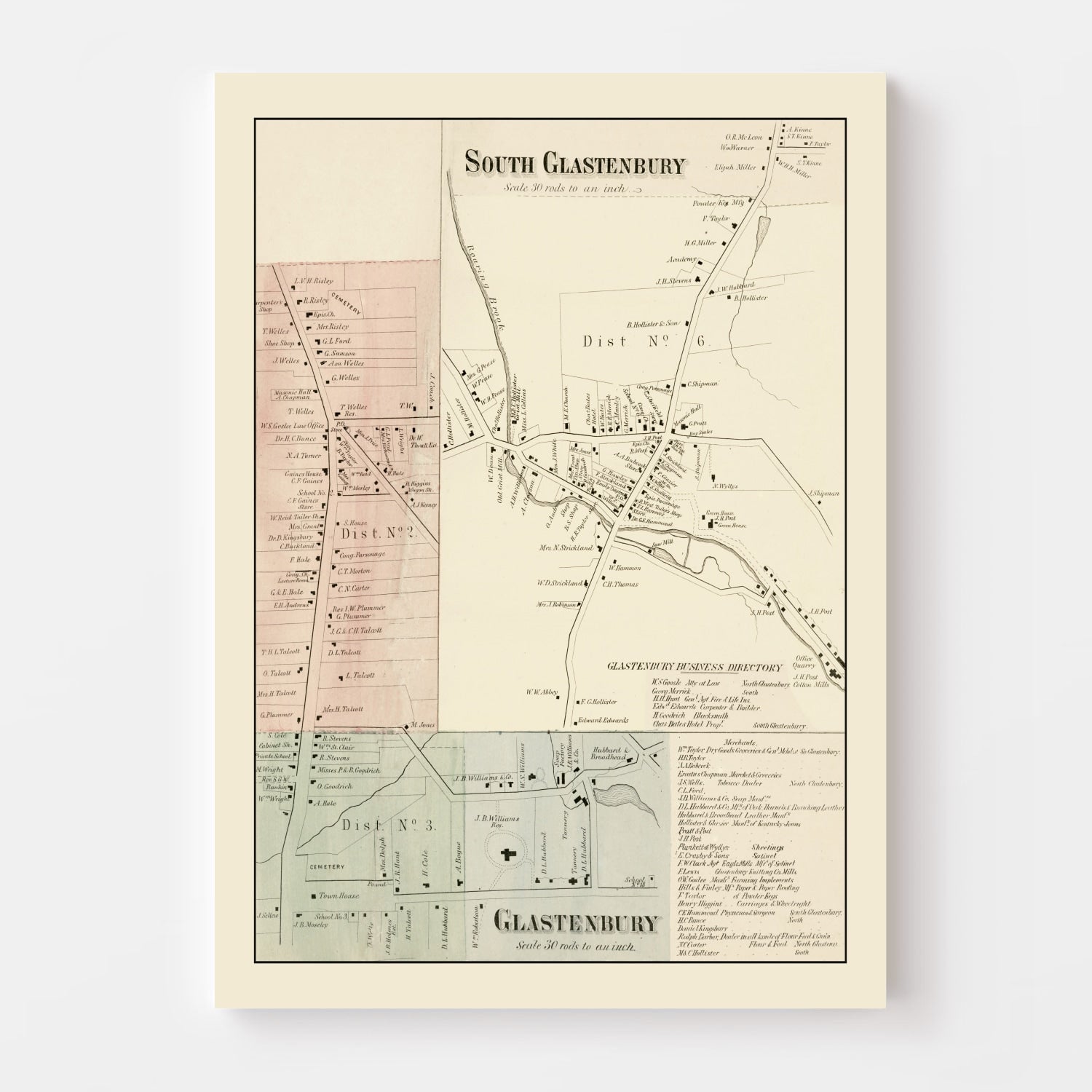 Vintage Map of South Glastenbury, Connecticut 1869