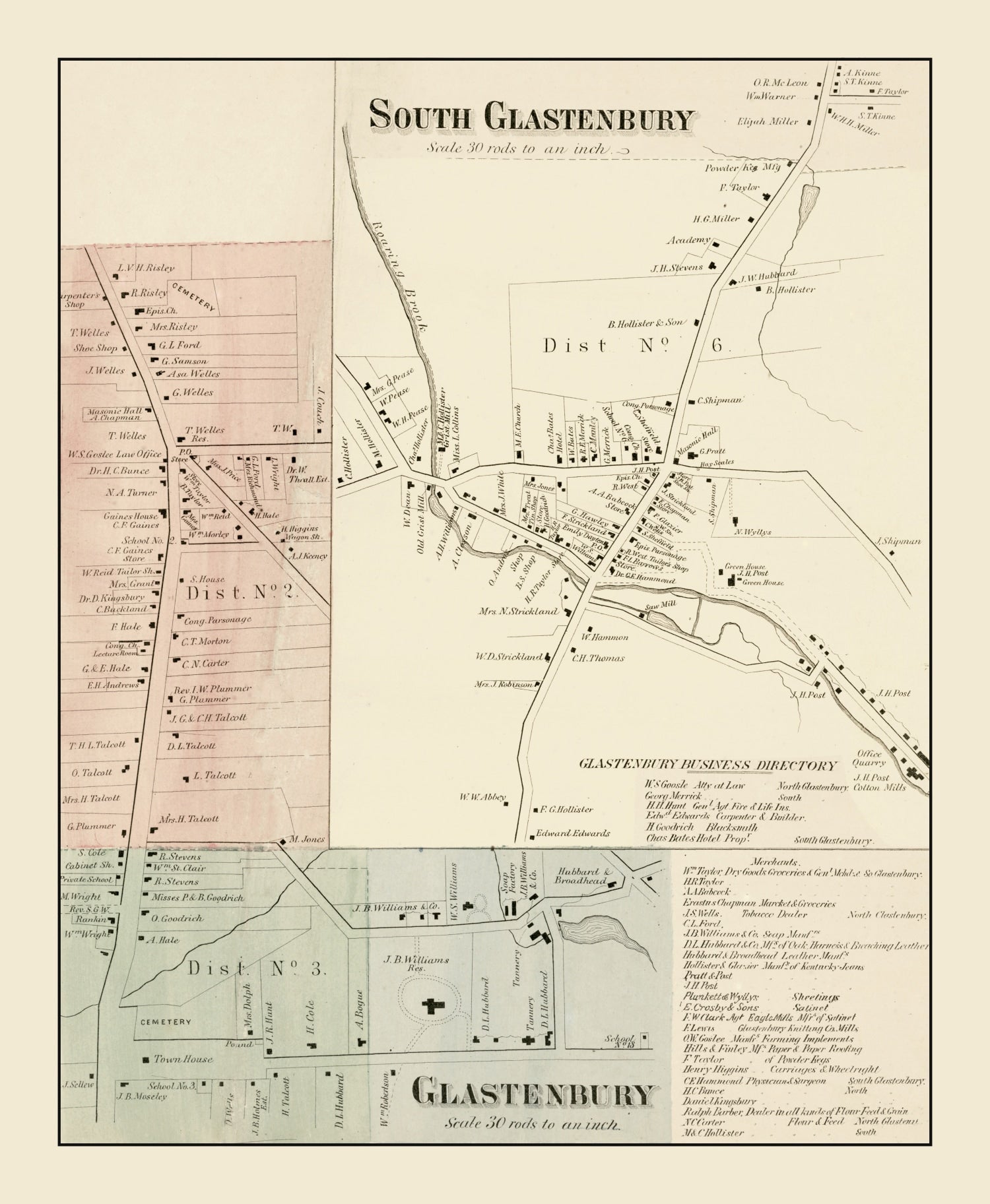 Vintage Map of South Glastenbury, Connecticut 1869