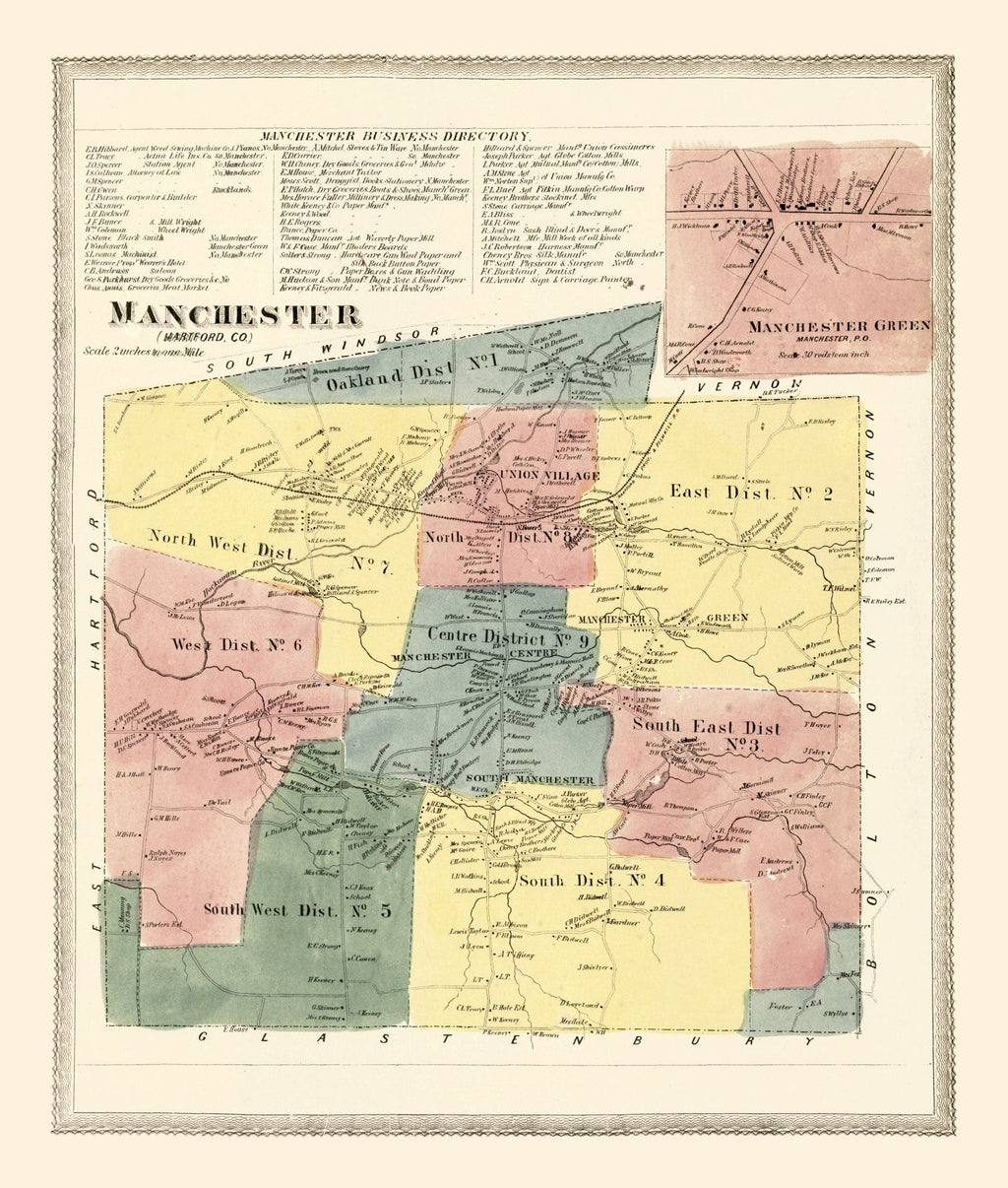 Vintage Map of Manchester, Connecticut 1869