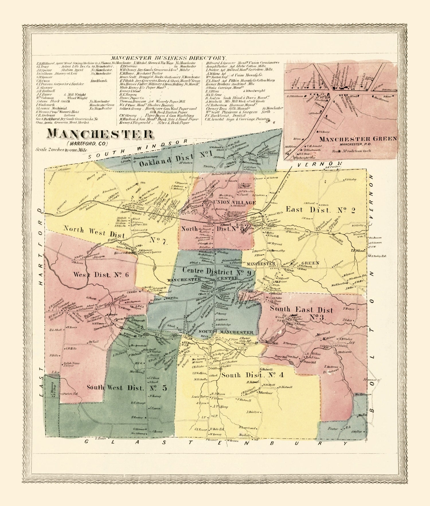 Vintage Map of Manchester, Connecticut 1869