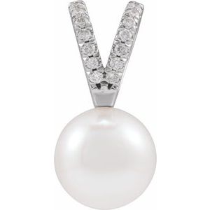 14K White Gold Cultured White Akoya Pearl & .04 CTW Natural Diamond Pendant