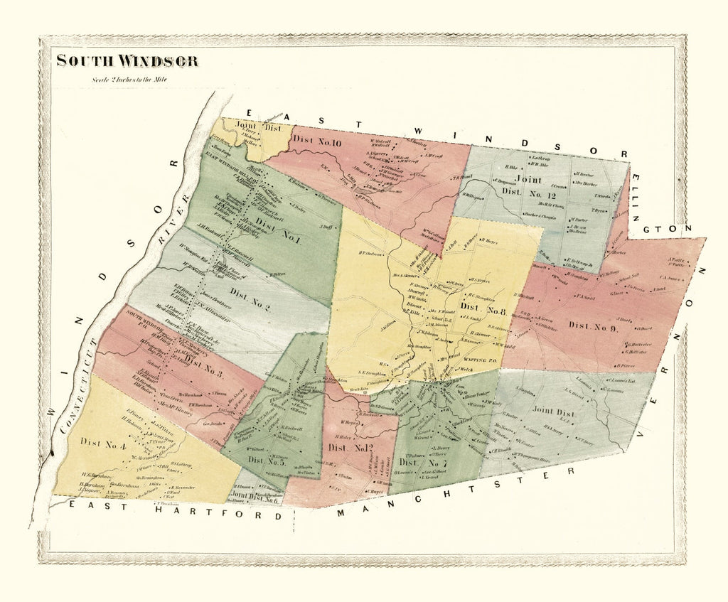 Vintage Map of South Windsor, Connecticut 1869