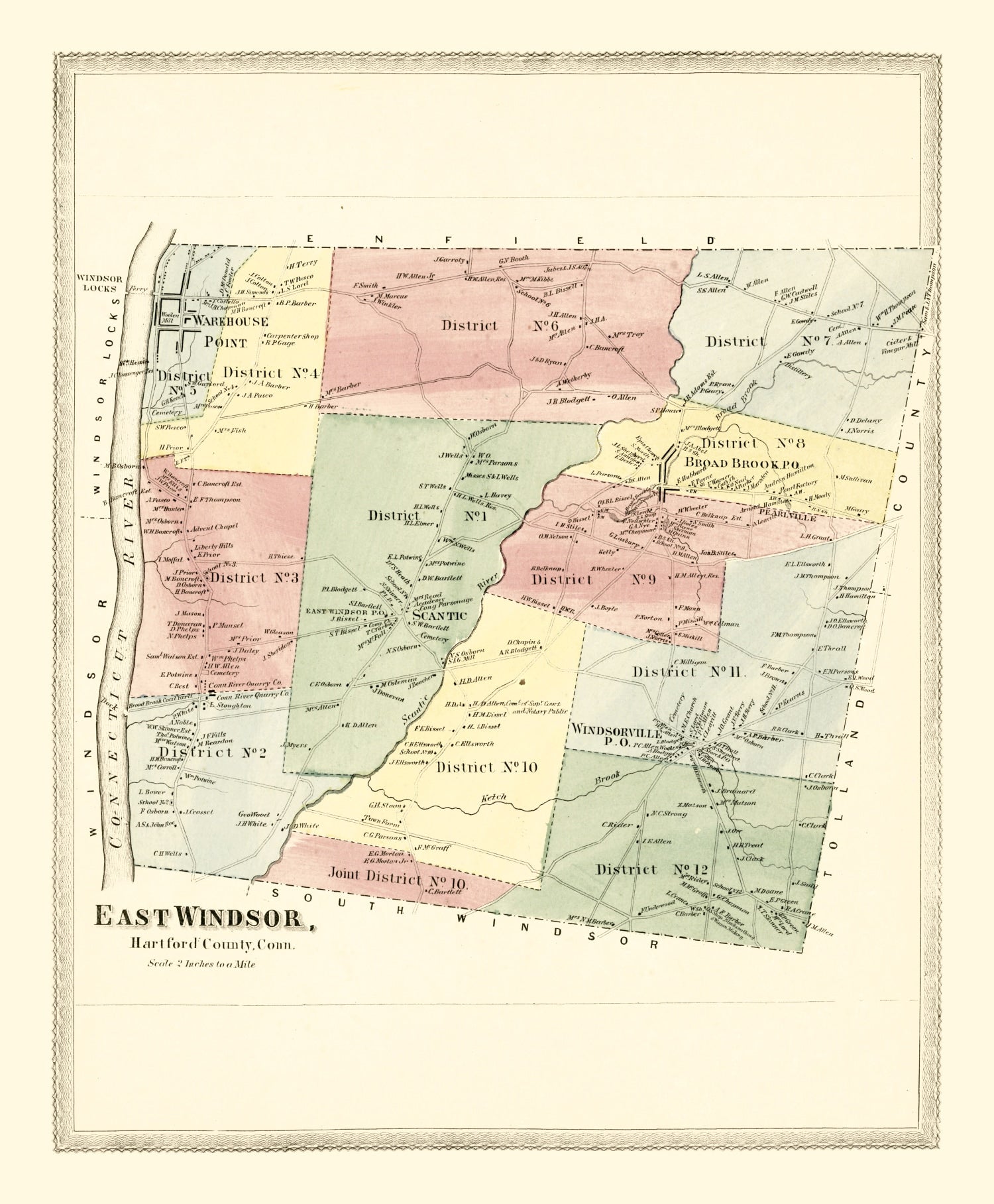 Vintage Map of East Windsor, Connecticut 1869