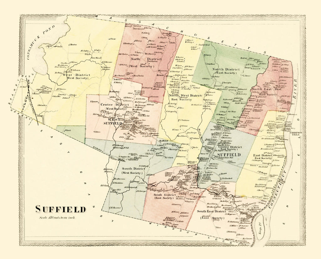 Vintage Map of Suffield, Connecticut 1869
