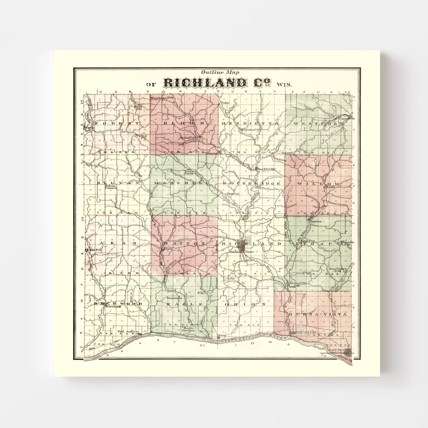 Vintage Map of Richland County, Wisconsin 1874