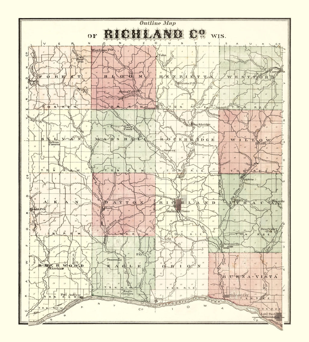 Vintage Map of Richland County, Wisconsin 1874