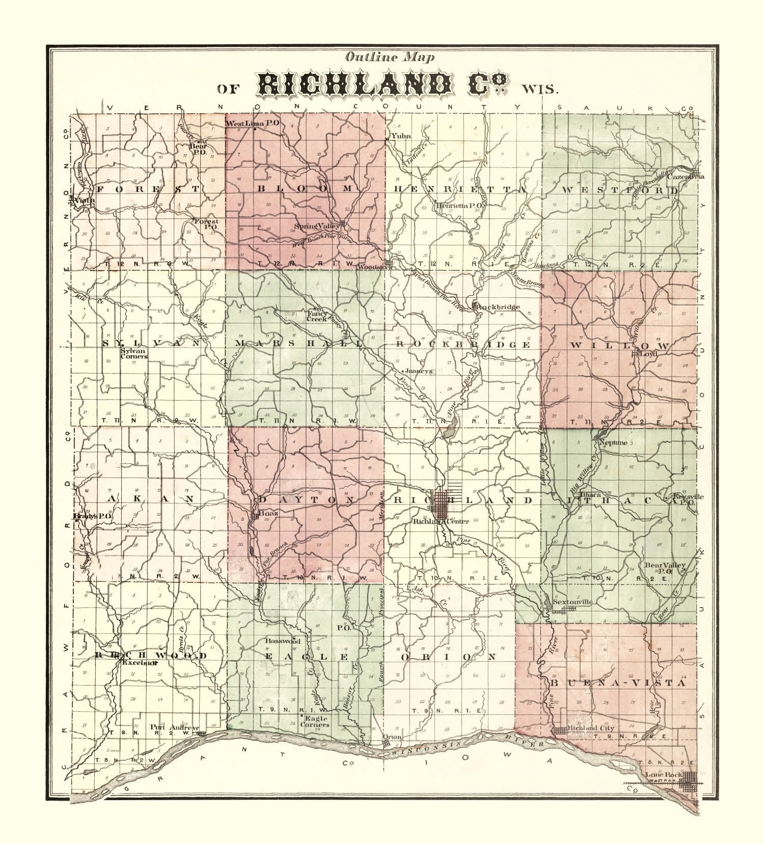 Vintage Map of Richland County, Wisconsin 1874
