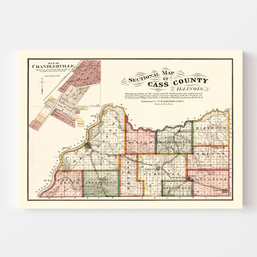 Vintage Map of Cass County, Illinois 1874