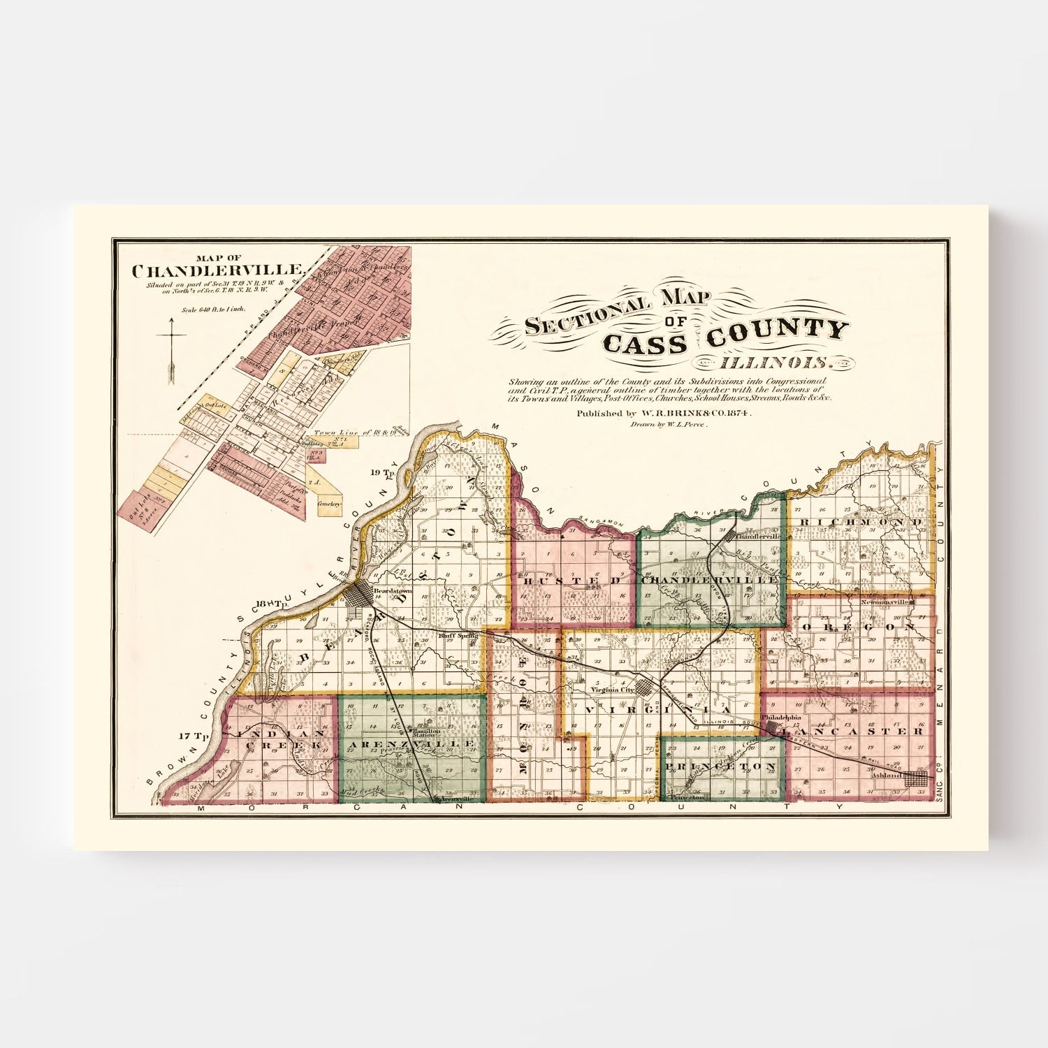 Vintage Map of Cass County, Illinois 1874