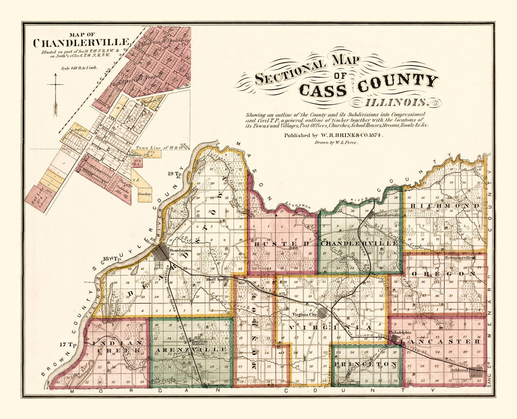 Vintage Map of Cass County, Illinois 1874