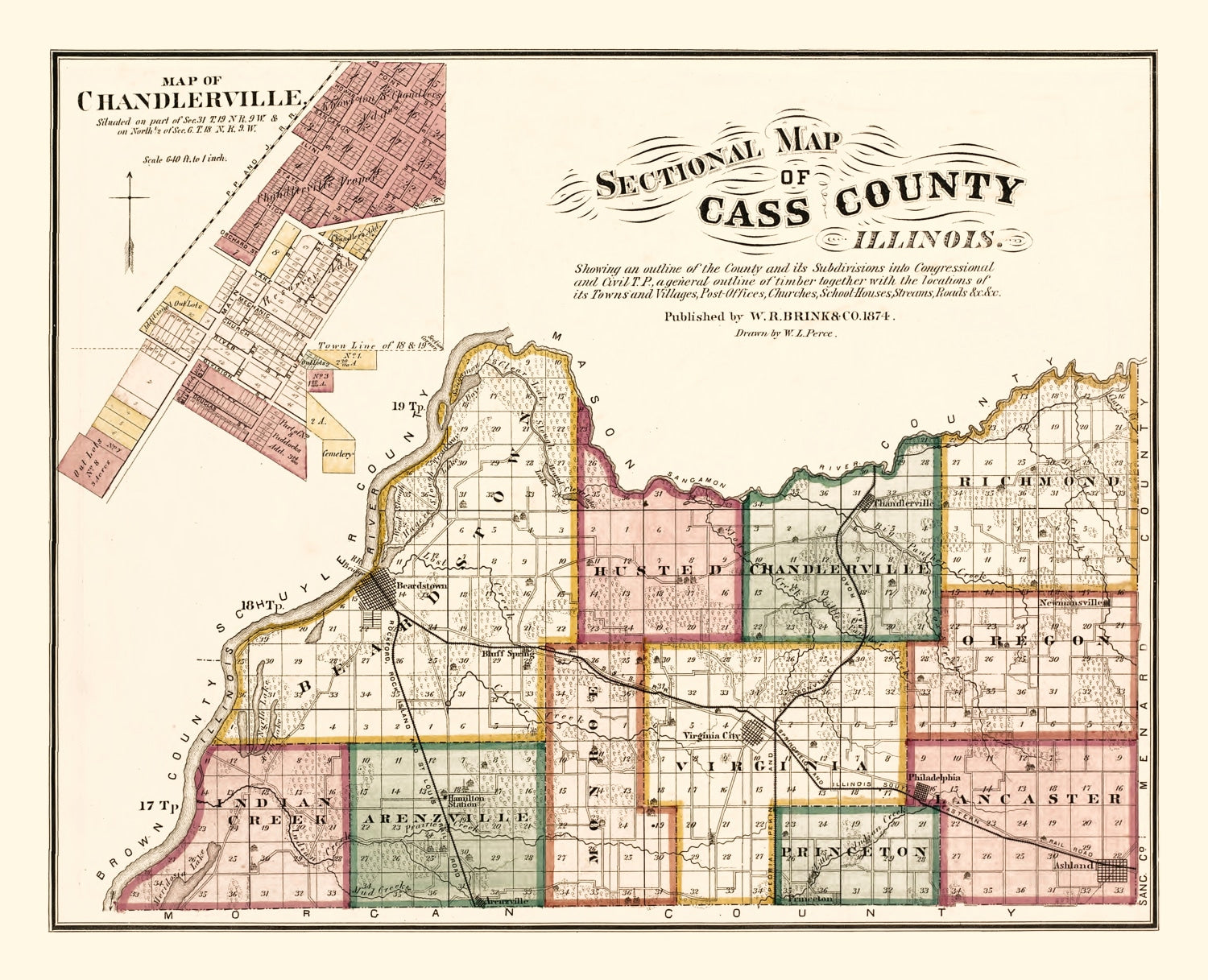 Vintage Map of Cass County, Illinois 1874
