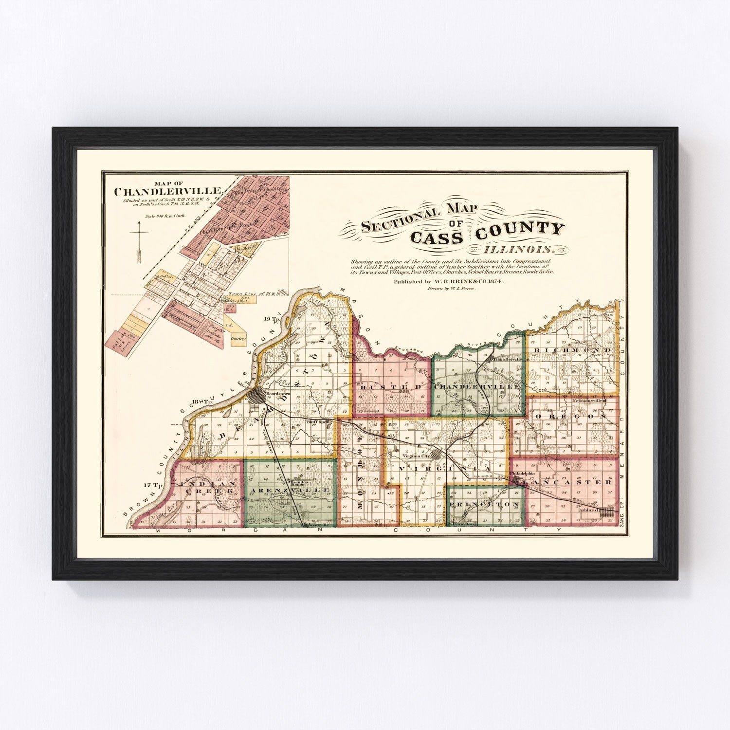 Vintage Map of Cass County, Illinois 1874
