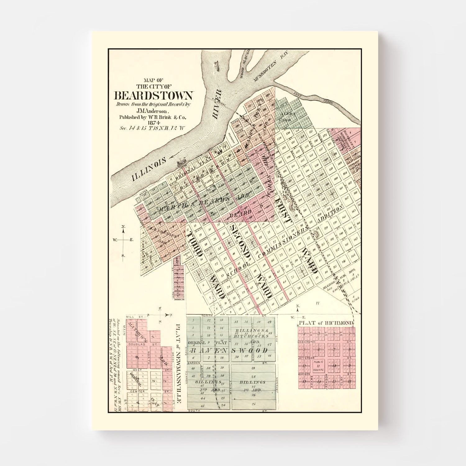 Vintage Map of Beardstown, Illinois 1874