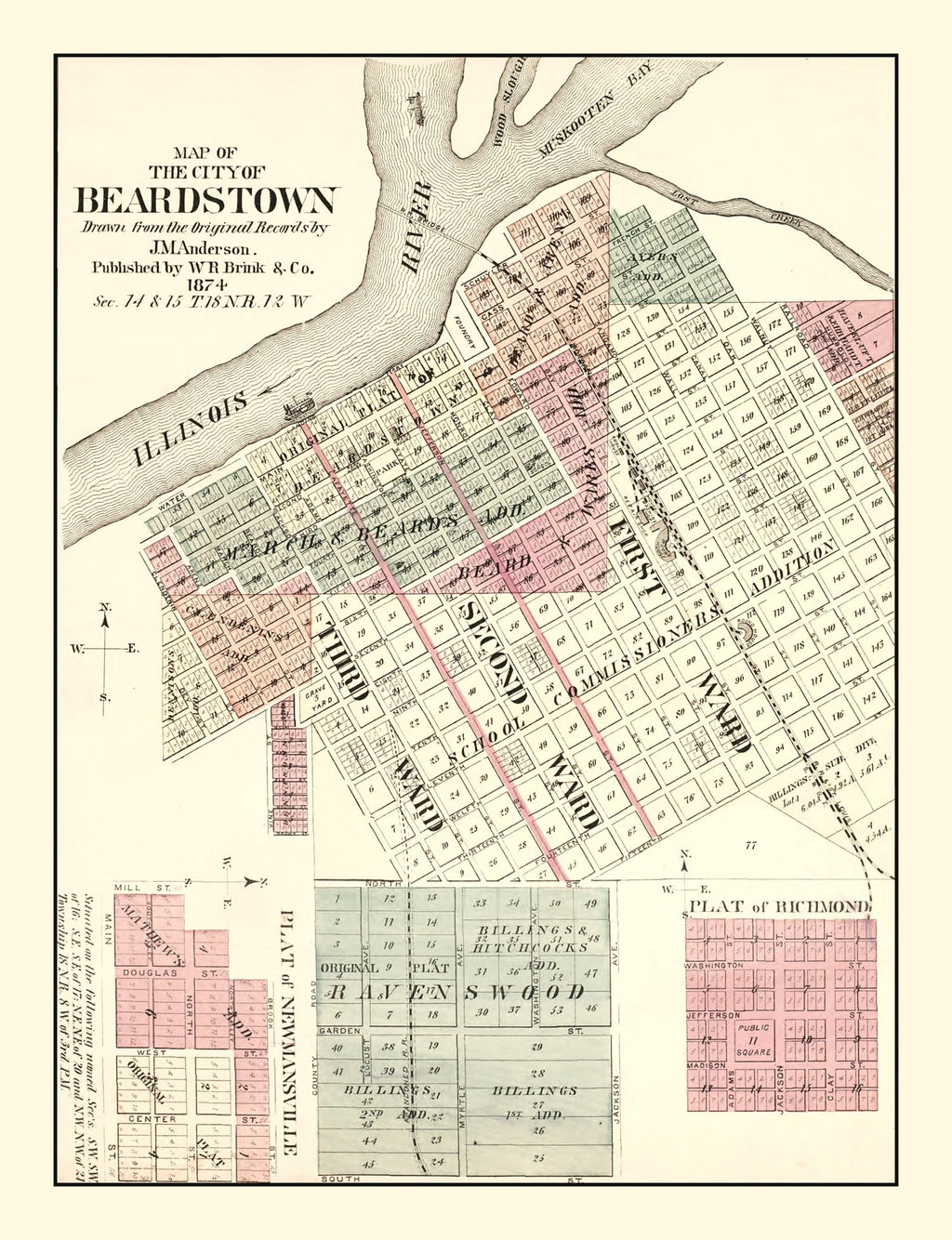 Vintage Map of Beardstown, Illinois 1874