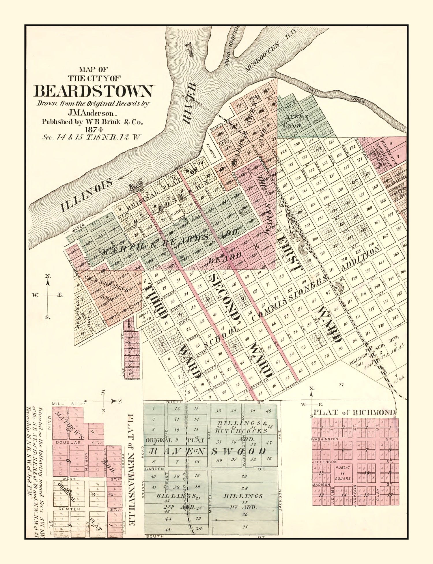 Vintage Map of Beardstown, Illinois 1874