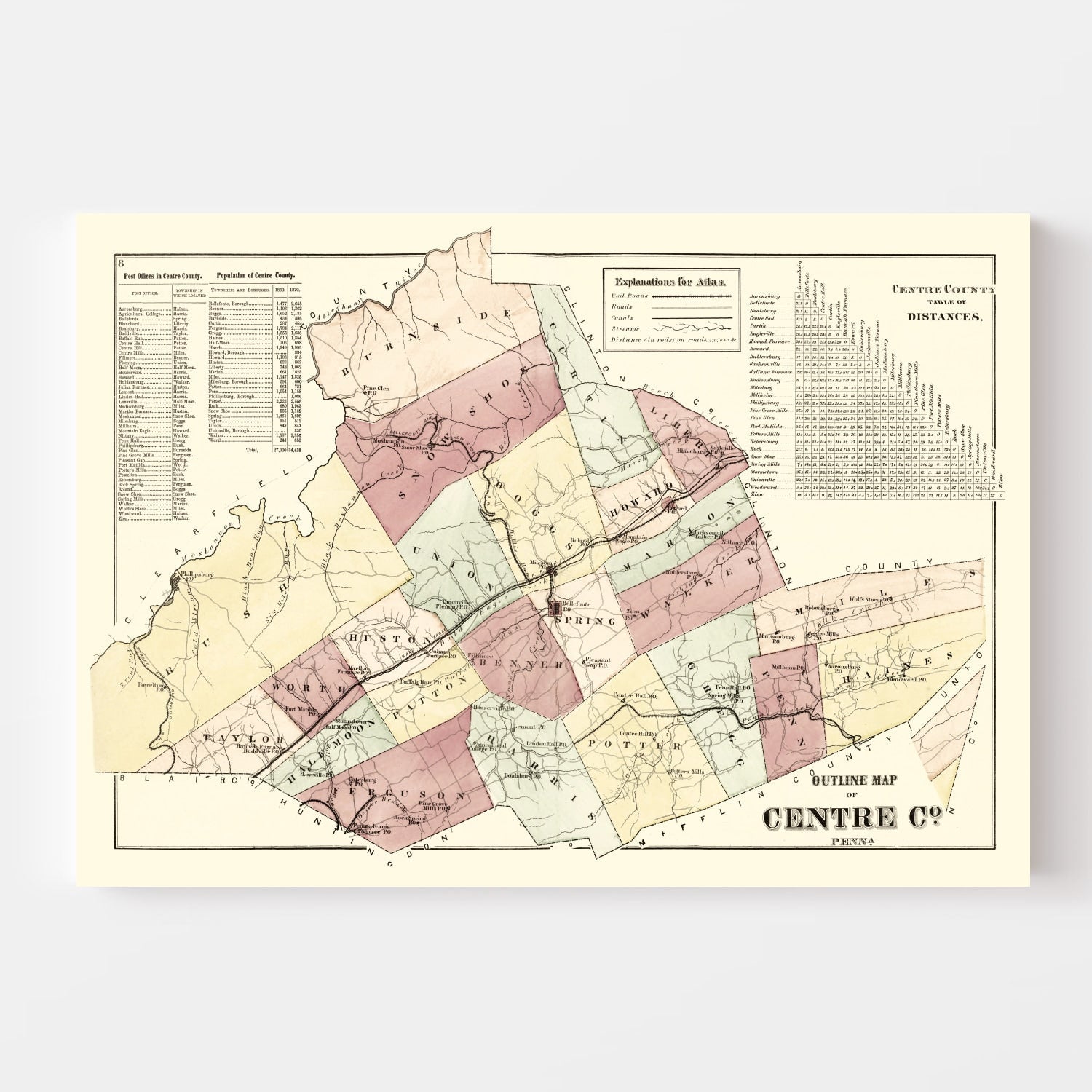 Vintage Map of Centre County, Pennsylvania 1874