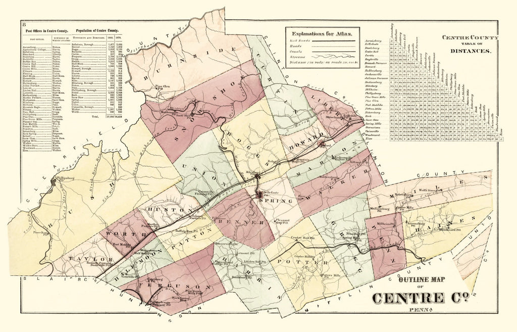 Vintage Map of Centre County, Pennsylvania 1874
