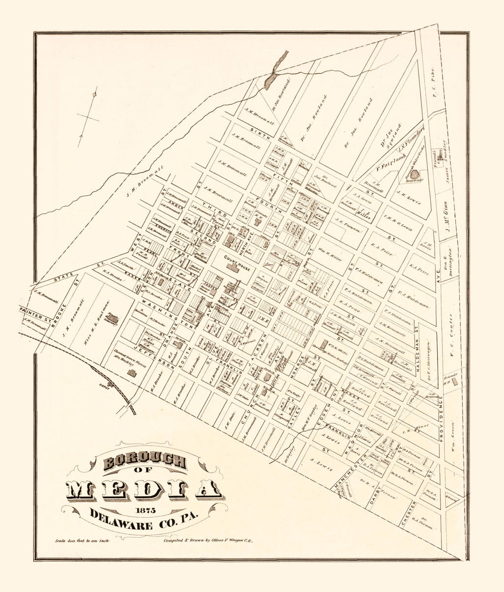 Vintage Map of Media, Pennsylvania 1875