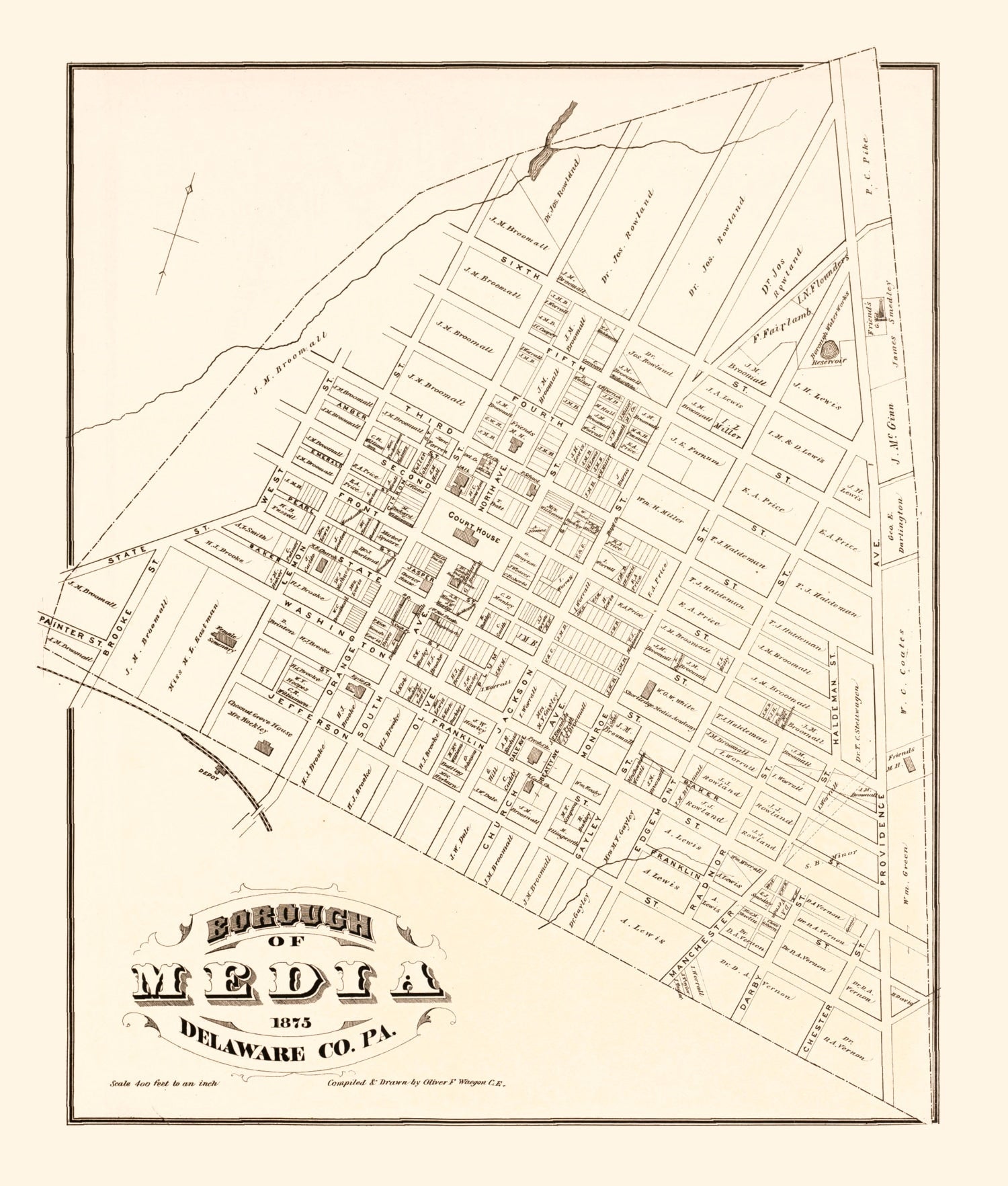 Vintage Map of Media, Pennsylvania 1875