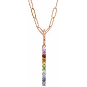 14K Rose Gold Natural Multi-Gemstone & .02 CT Natural Diamond Rainbow Bar 18" Necklace