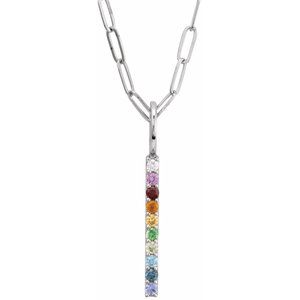 Sterling Silver Natural Multi-Gemstone & .02 CT Natural Diamond Rainbow Bar 18" Necklace