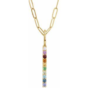 14K Yellow Gold Natural Multi-Gemstone & .02 CT Natural Diamond Rainbow Bar 18" Necklace