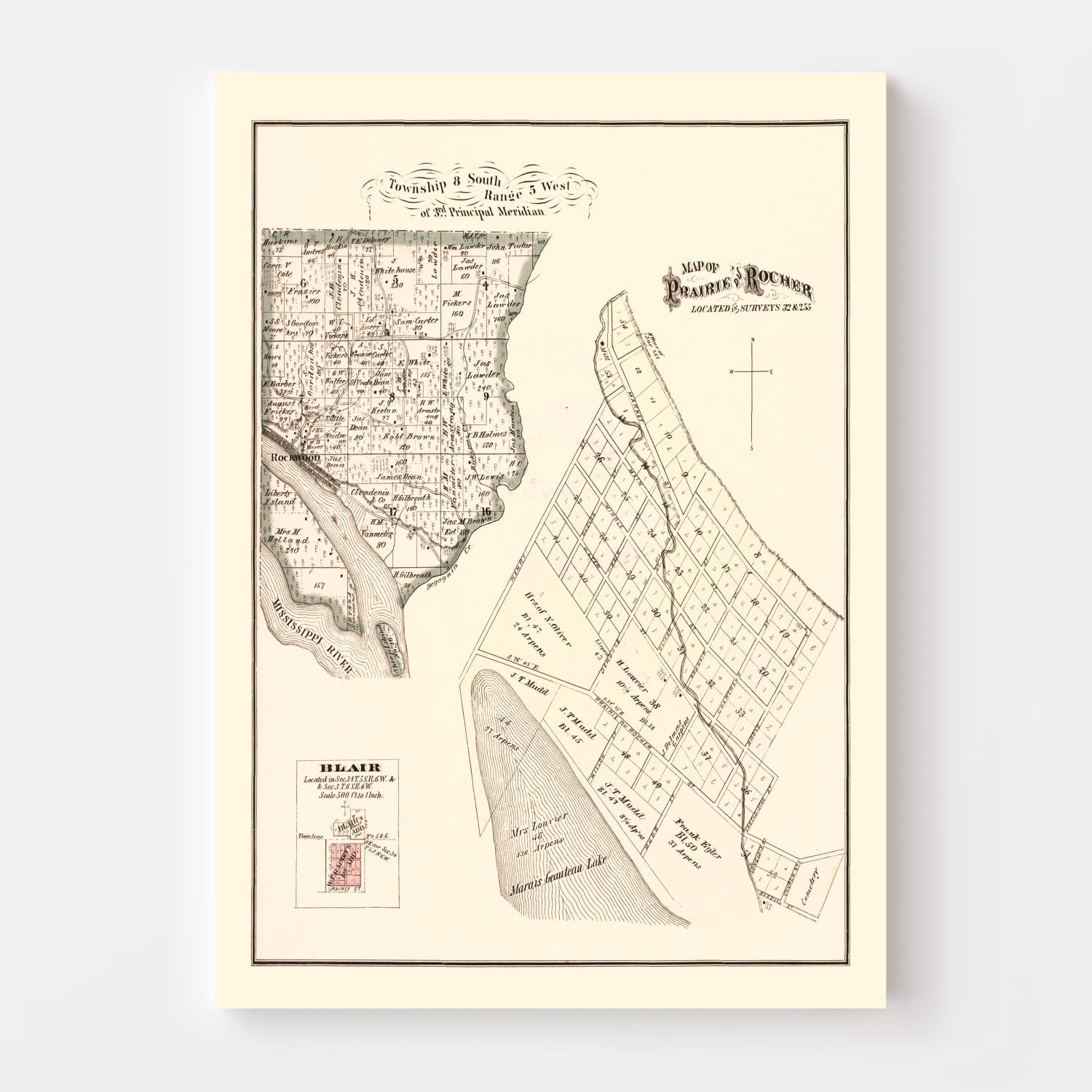 Vintage Map of Prairie and Rocher, Illinois 1875