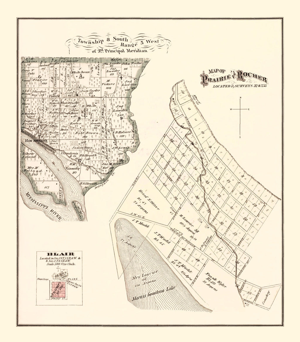 Vintage Map of Prairie and Rocher, Illinois 1875