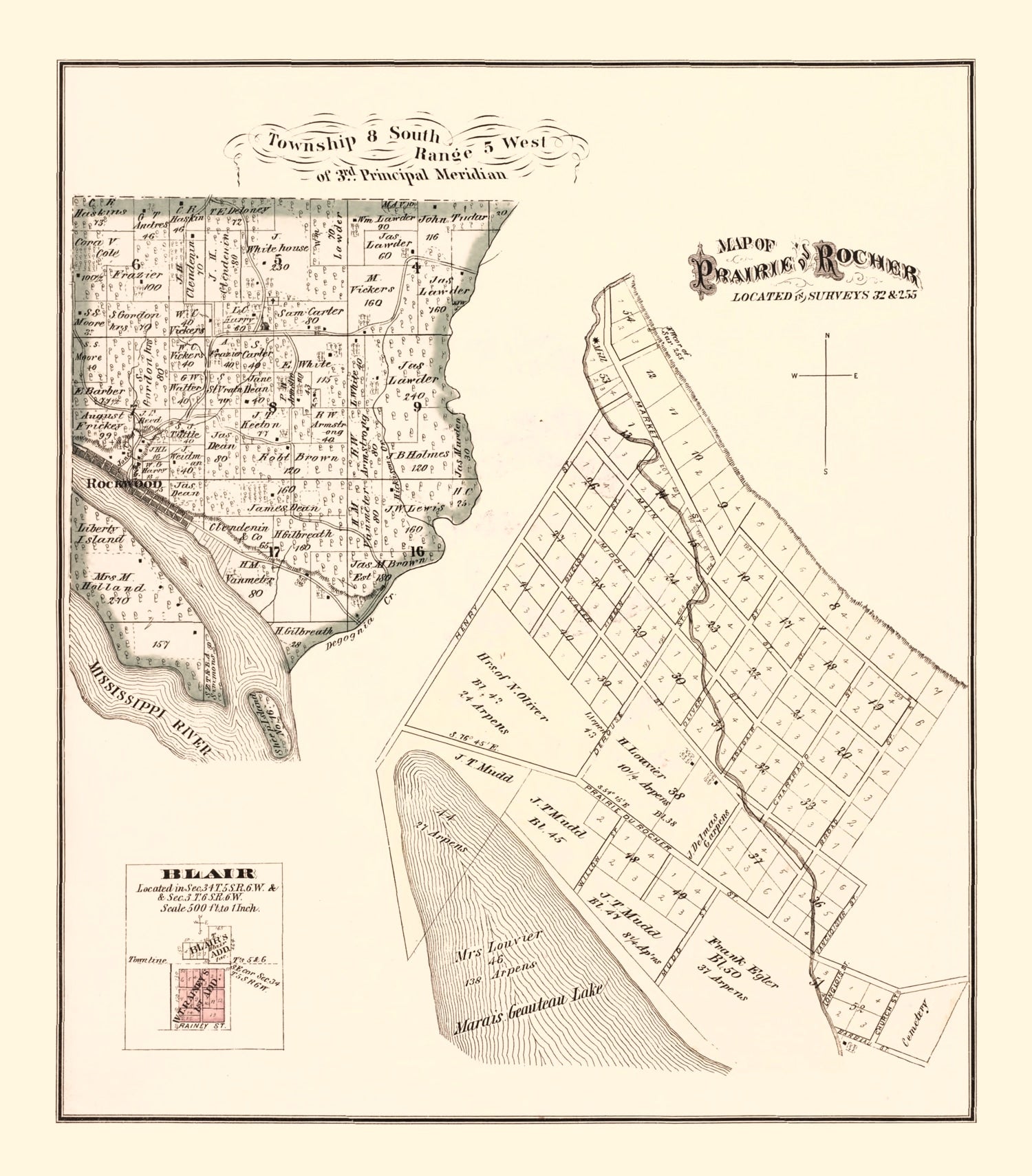 Vintage Map of Prairie and Rocher, Illinois 1875