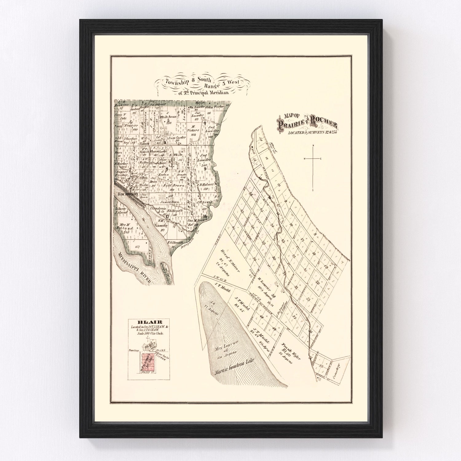 Vintage Map of Prairie and Rocher, Illinois 1875