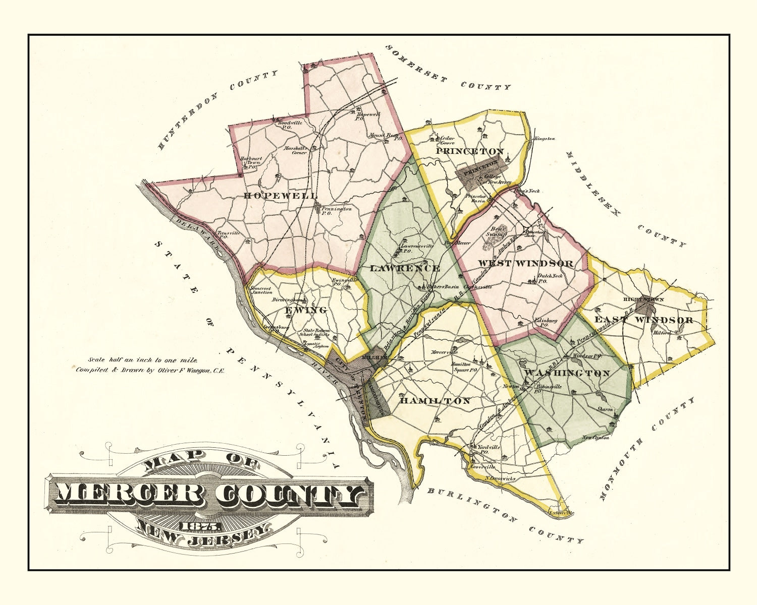 Vintage Map of Mercer County, New Jersey 1875