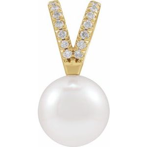 14K Yellow Gold Cultured White Akoya Pearl & .05 CTW Natural Diamond Pendant